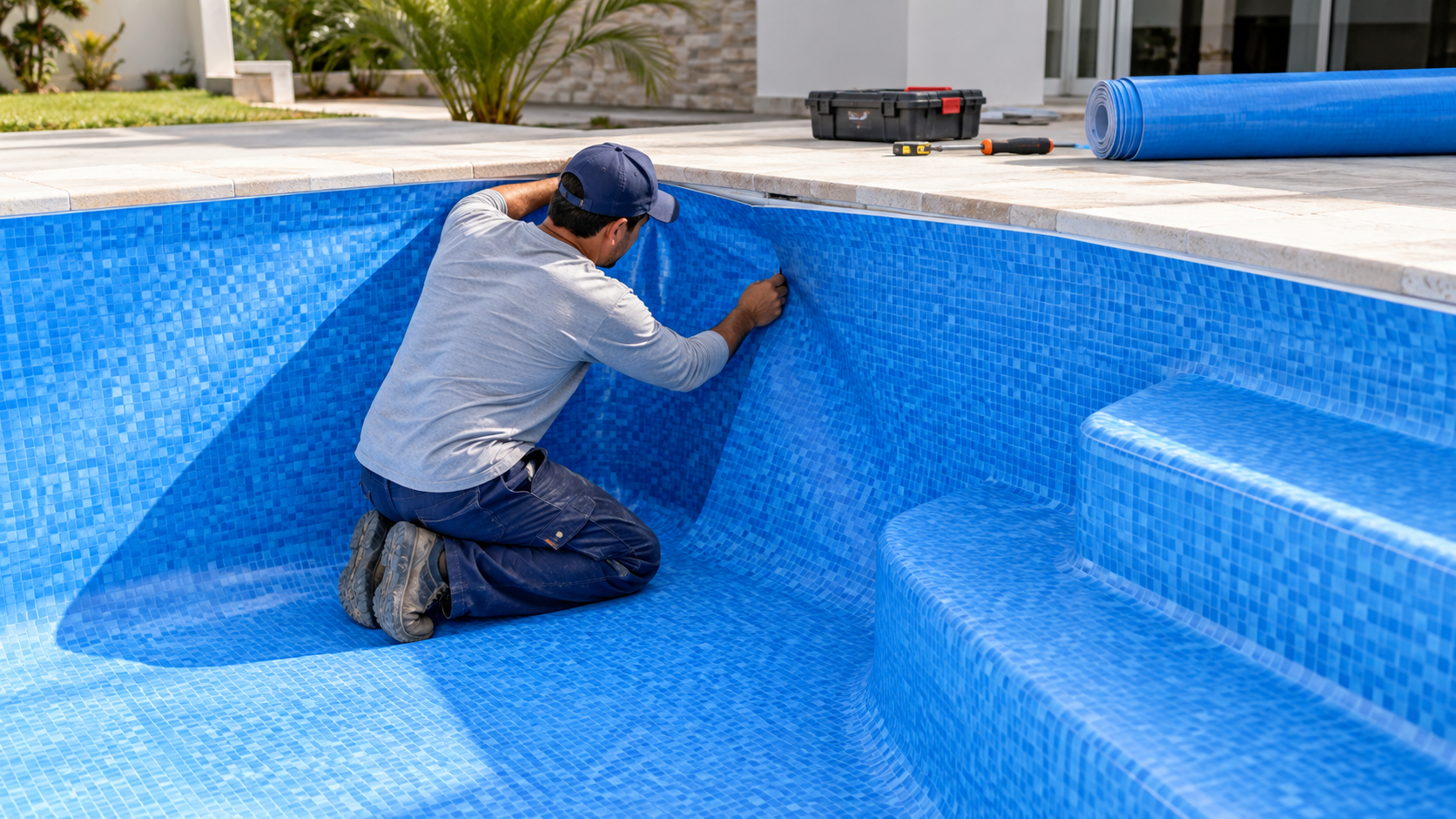 Profissional ajustando revestimento de vinil azul nas bordas de uma piscina em Damianópolis