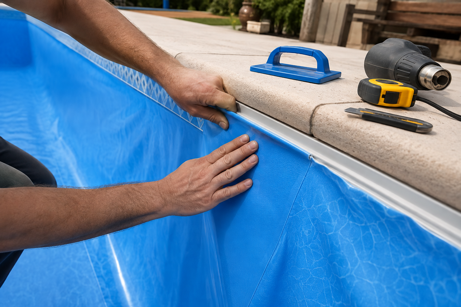 Instalador ajustando manta de vinil azul no acabamento de uma piscina em Inaciolândia