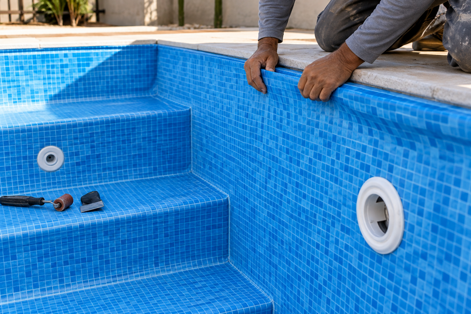 Instalador ajustando revestimento de vinil azul em piscina no Jardim Canadá, Aparecida de Goiânia
