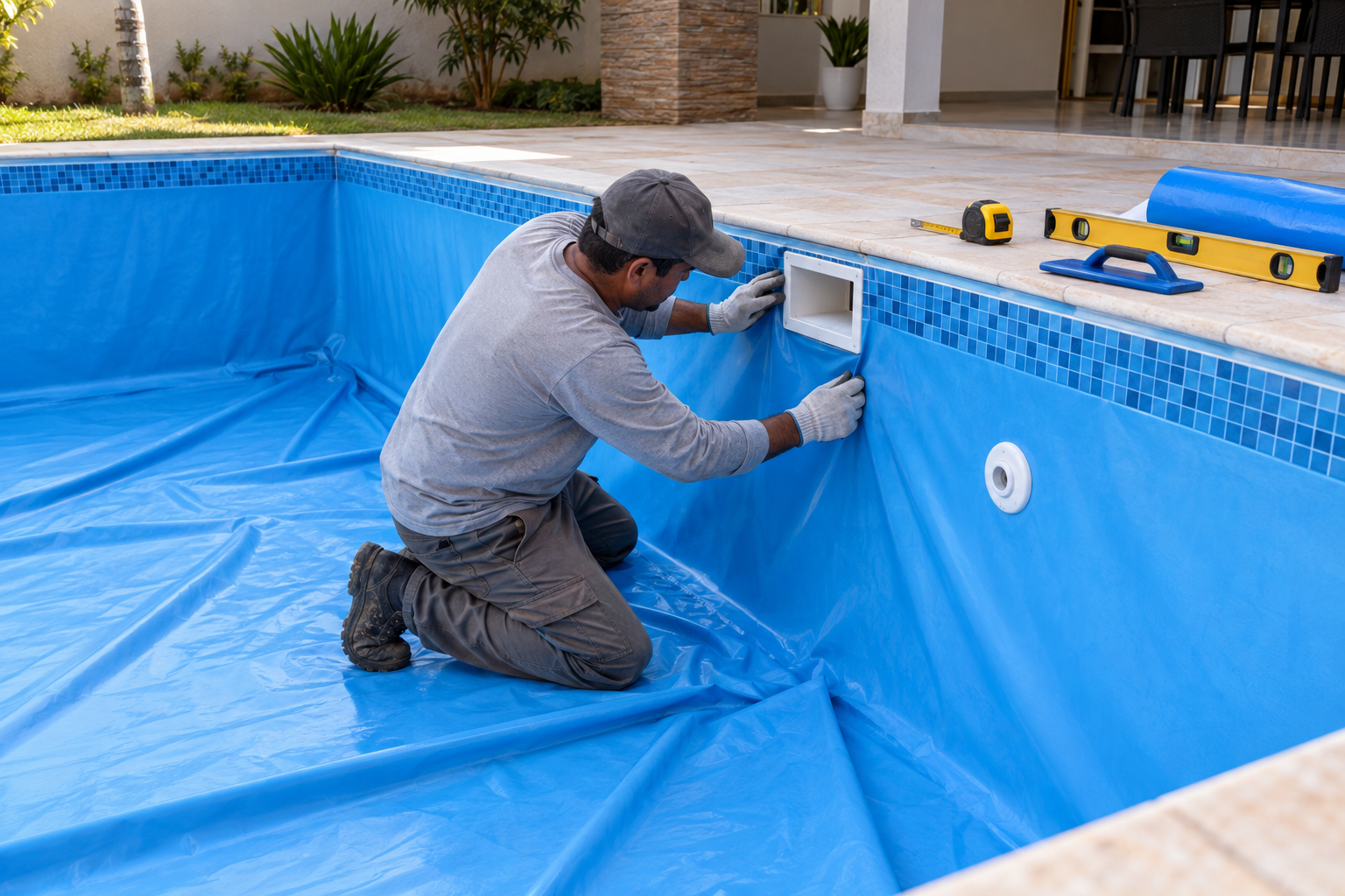 Instalador ajustando revestimento de vinil azul dentro de piscina residencial no Jardim Itamaraty