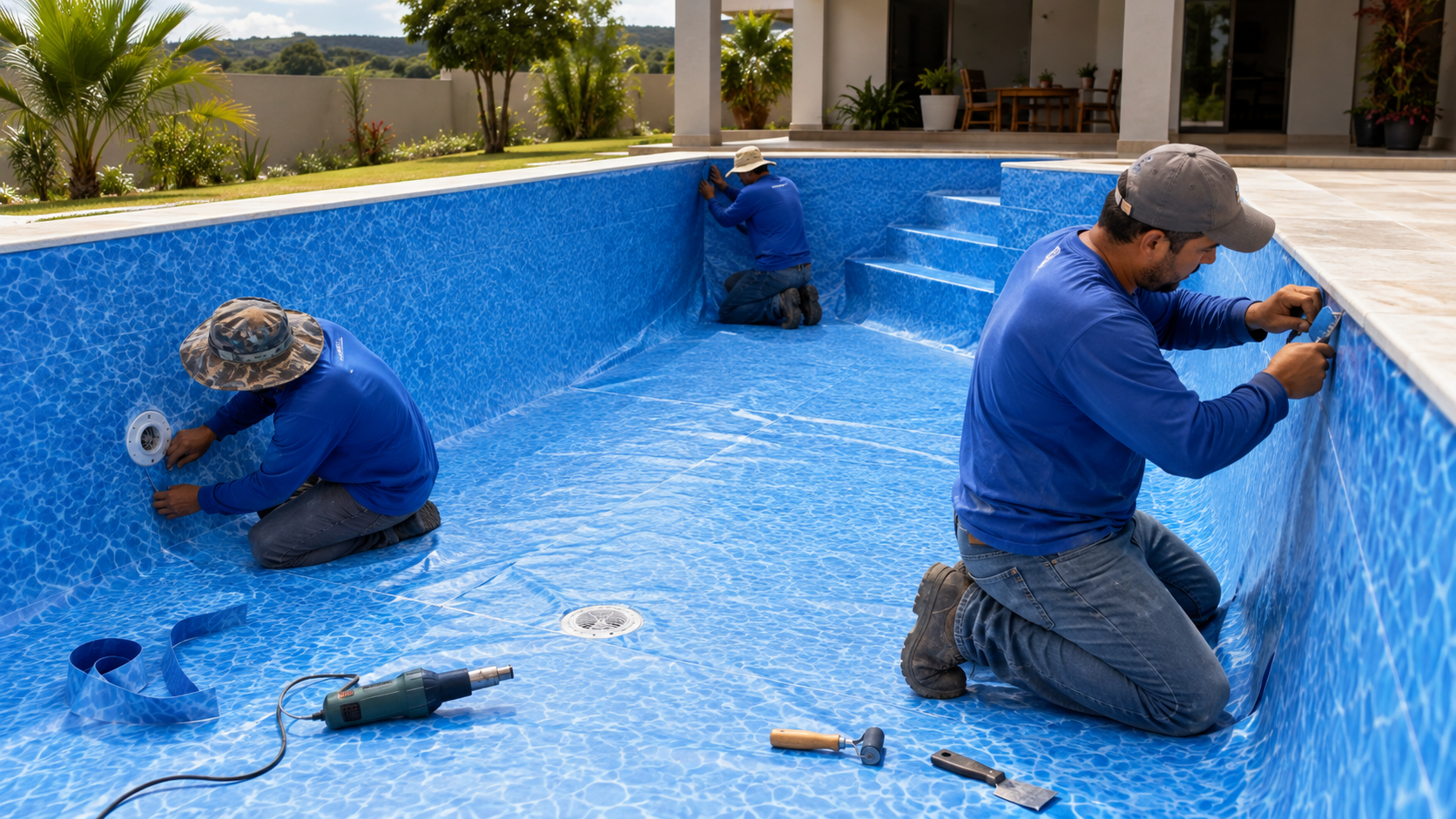 Equipe ajustando revestimento de vinil azul nas bordas de uma piscina em Montividiu do Norte