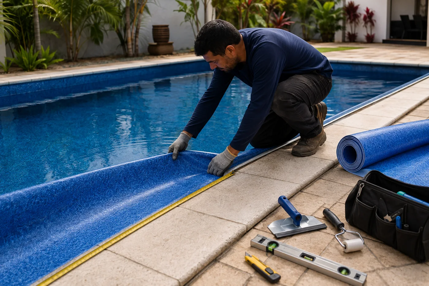 Técnico encaixando o revestimento de vinil em piscina residencial