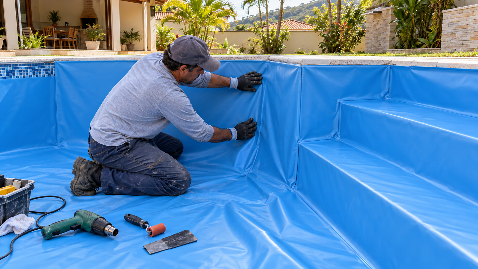 Técnico ajustando o vinil azul nas paredes e nos degraus de uma piscina no Setor Madre Germana, Aparecida de Goiânia