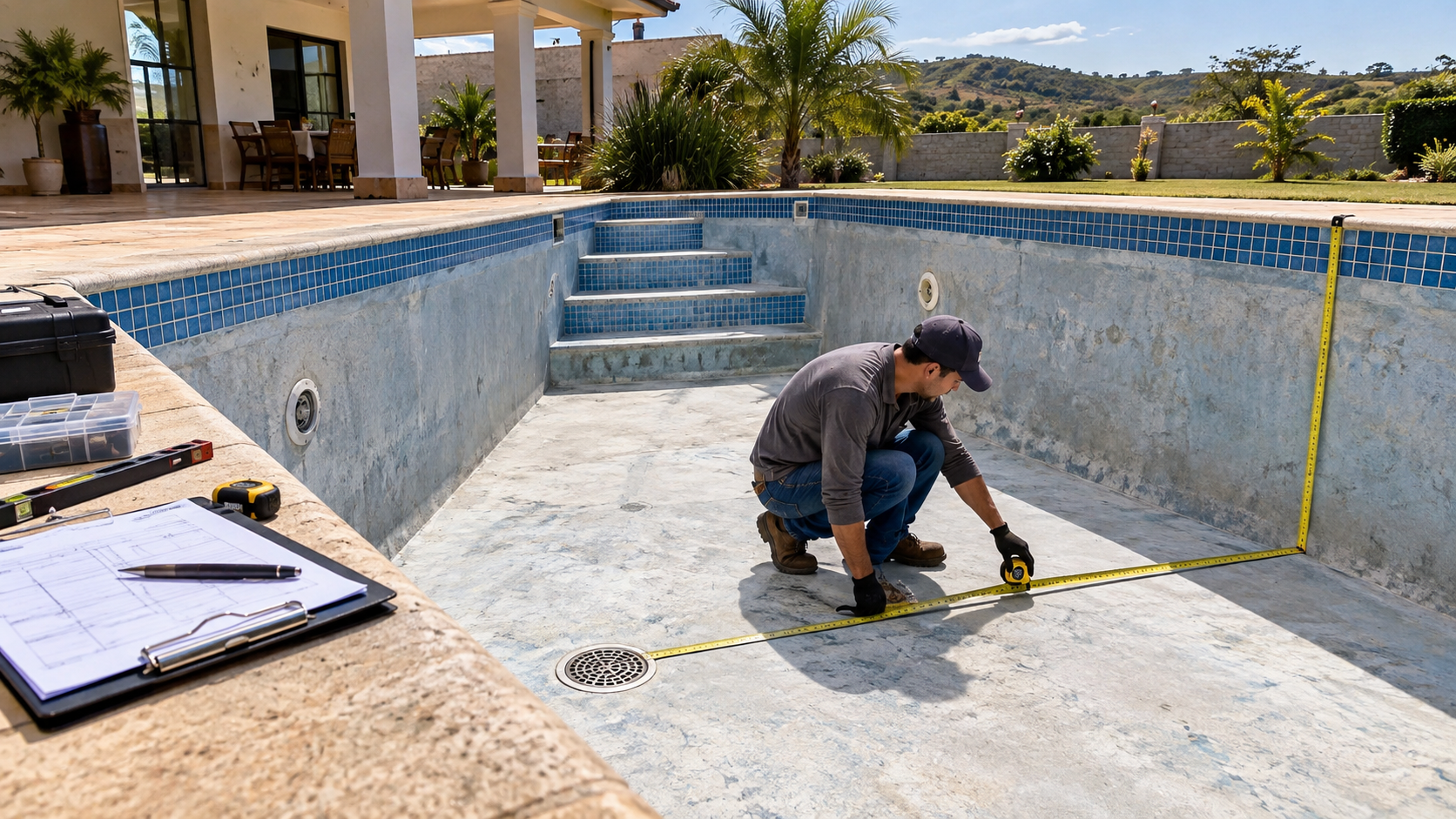 Profissional medindo uma piscina residencial antes de definir a capa térmica em Colinas do Sul