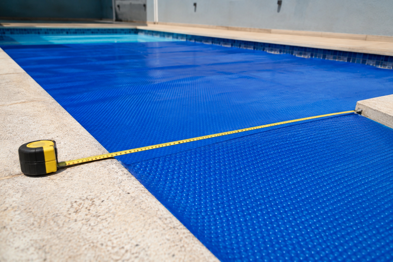 Fita métrica medindo uma capa térmica azul sobre piscina em Vila Propício