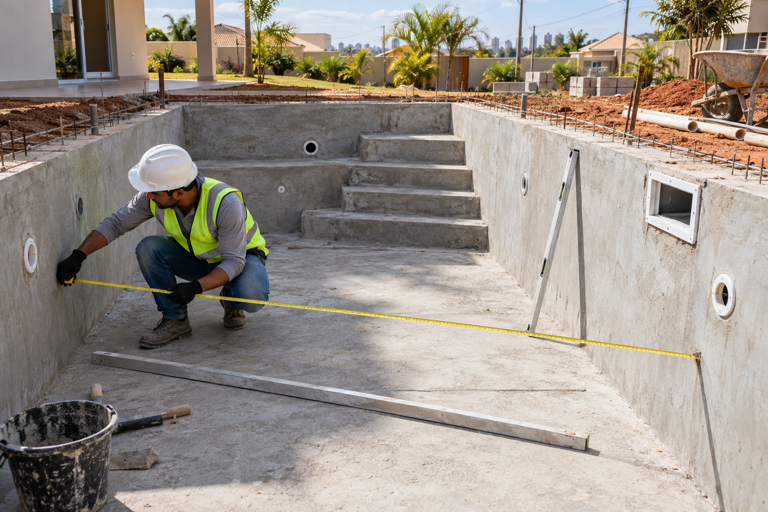 Técnico medindo a estrutura de uma piscina em construção no Jardim Itapuã, Aparecida de Goiânia