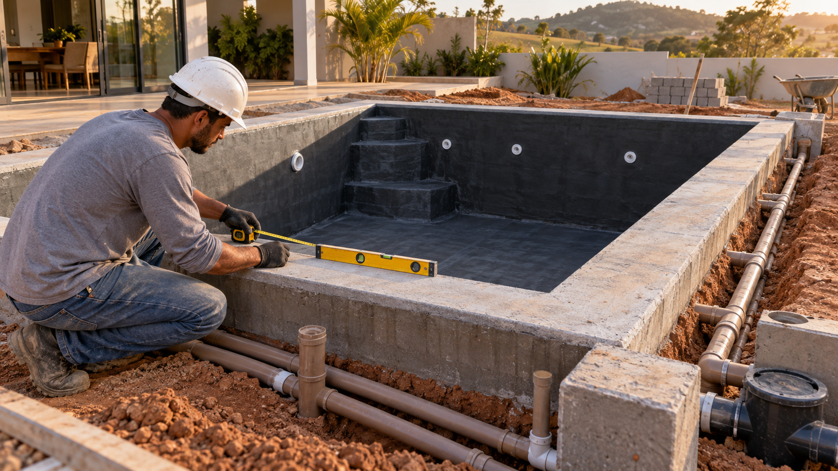 Profissional conferindo medidas e nível da estrutura de uma piscina de alvenaria com trena e equipamentos de obra