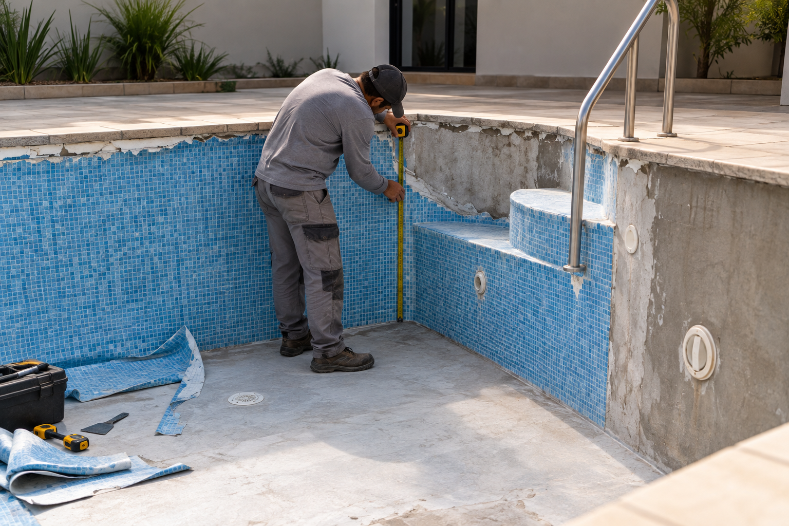 Profissional medindo uma piscina preparada para troca de vinil no Jardim Canadá, Aparecida de Goiânia