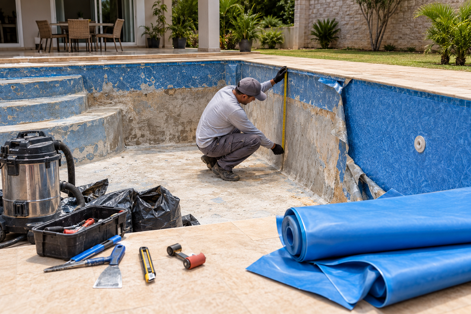 Profissional medindo o interior de uma piscina com vinil removido antes da troca no Jardim Itamaraty, Aparecida de Goiânia