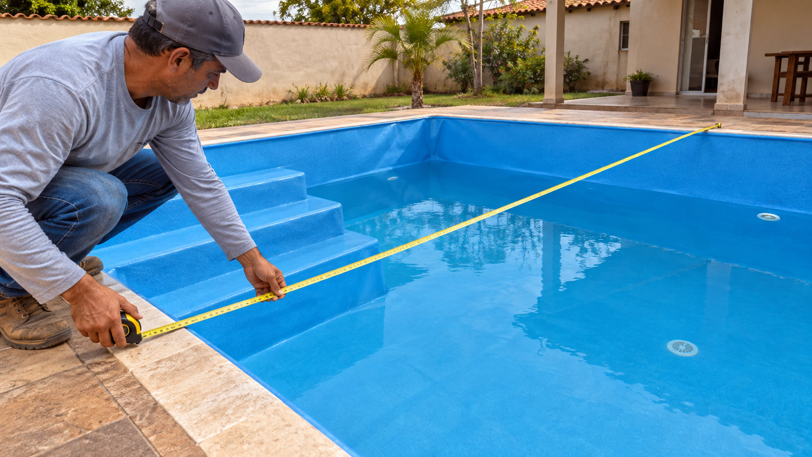 Profissional medindo piscina de vinil azul antes da troca do revestimento em Montividiu do Norte
