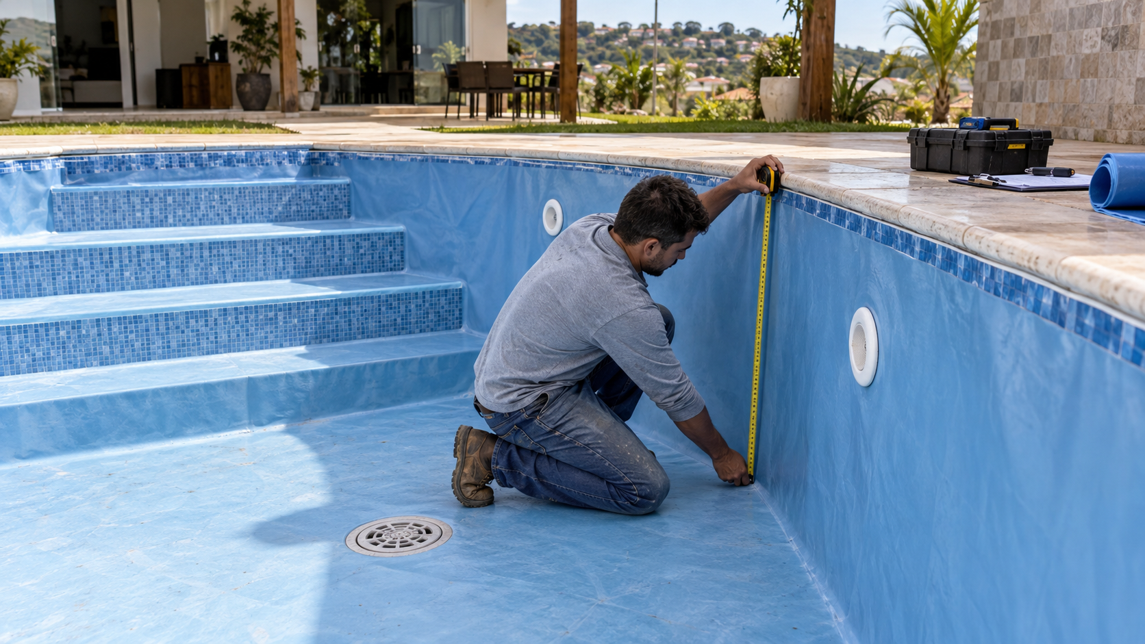 Técnico medindo a profundidade de uma piscina antes da troca do revestimento vinílico