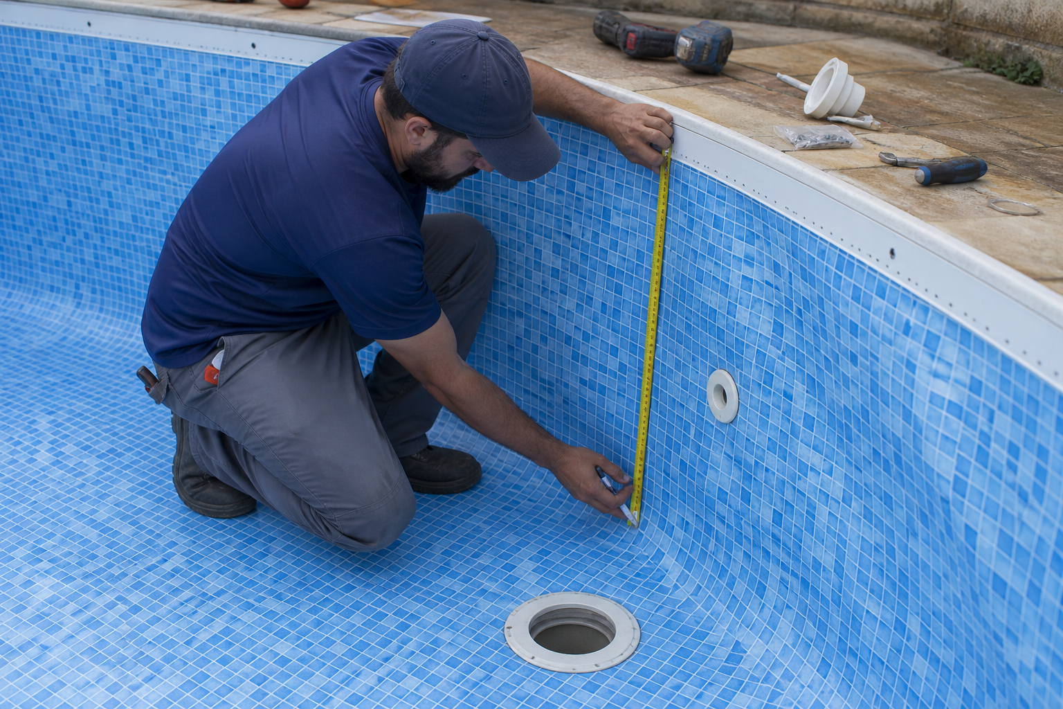 Profissional medindo o revestimento vinílico de uma piscina junto ao trilho e ao ralo