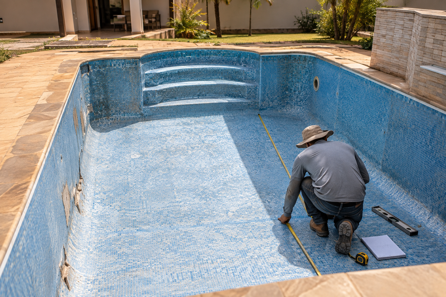 Profissional medindo o interior de uma piscina para troca de vinil em Caldazinha