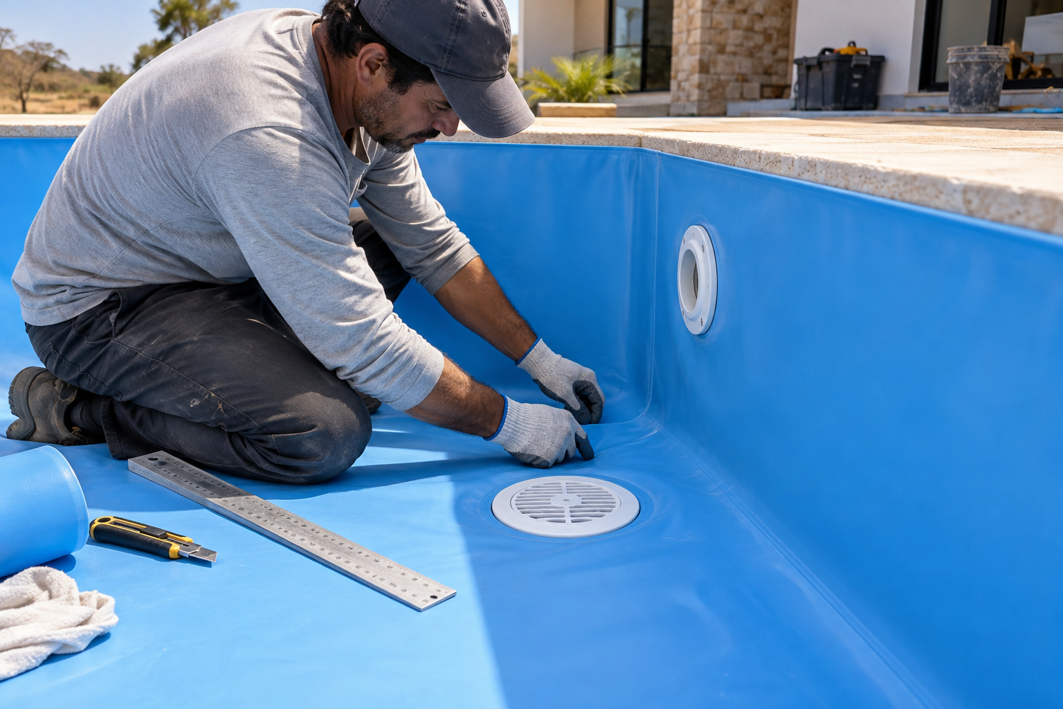 Profissional conferindo o encaixe do vinil azul em ralo, retorno e canto de piscina