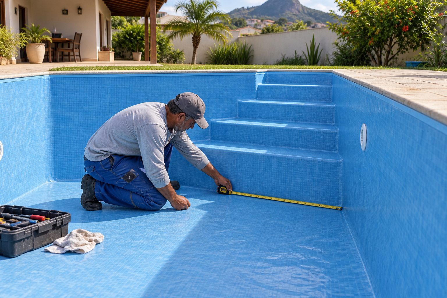 Técnico medindo o revestimento de vinil de uma piscina com degraus no Setor Madre Germana, Aparecida de Goiânia