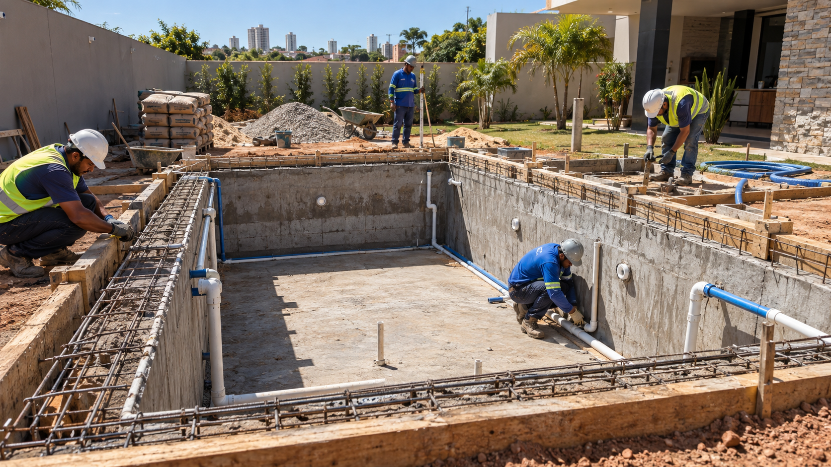 Obra residencial de construção de piscina com estrutura, ferragens e tubulações hidráulicas