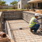 Profissional conferindo estrutura e tubulações de uma piscina em construção no Setor Santa Luzia, Aparecida de Goiânia