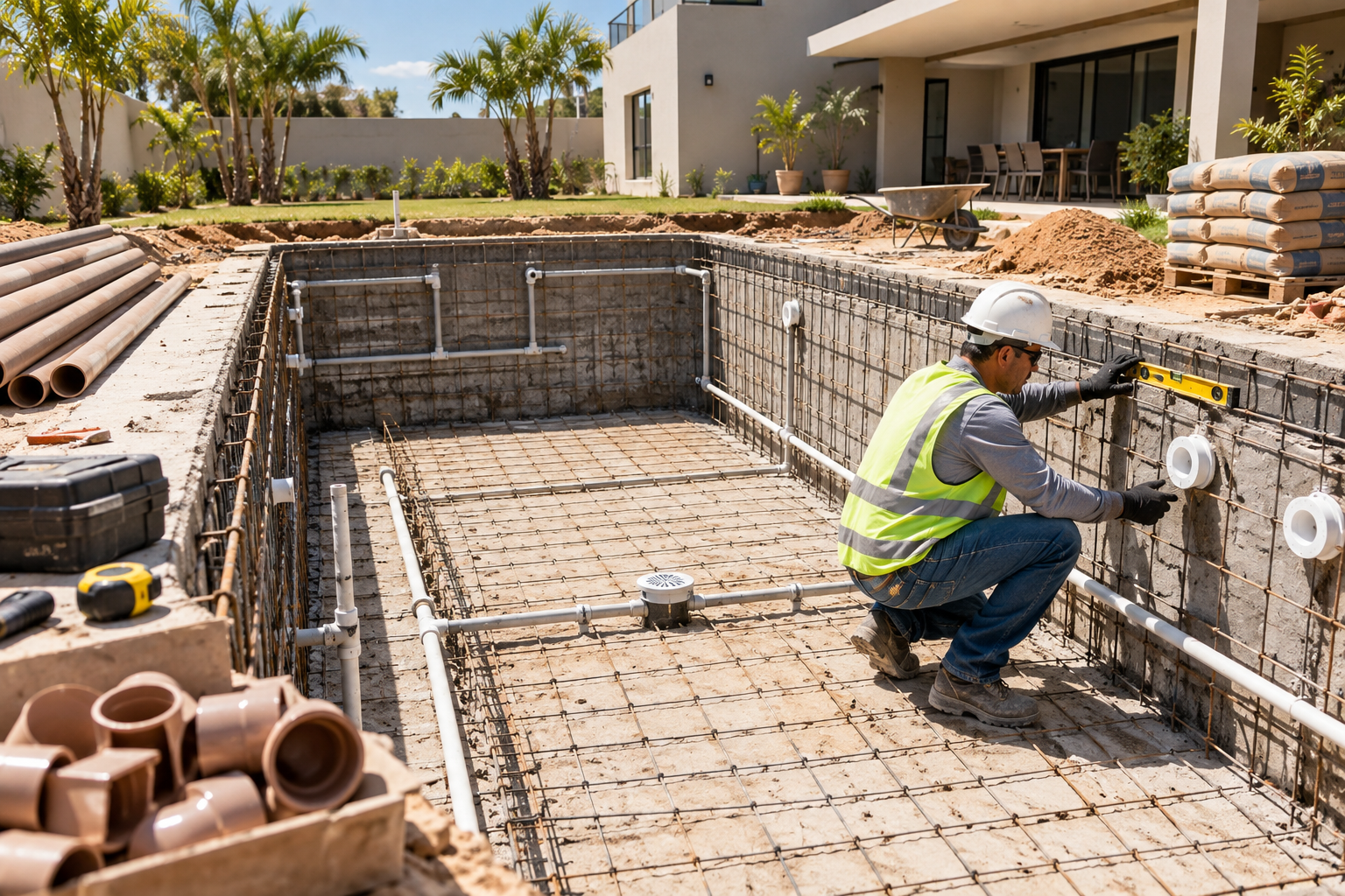 Profissional conferindo estrutura e tubulações de uma piscina em construção no Setor Santa Luzia, Aparecida de Goiânia