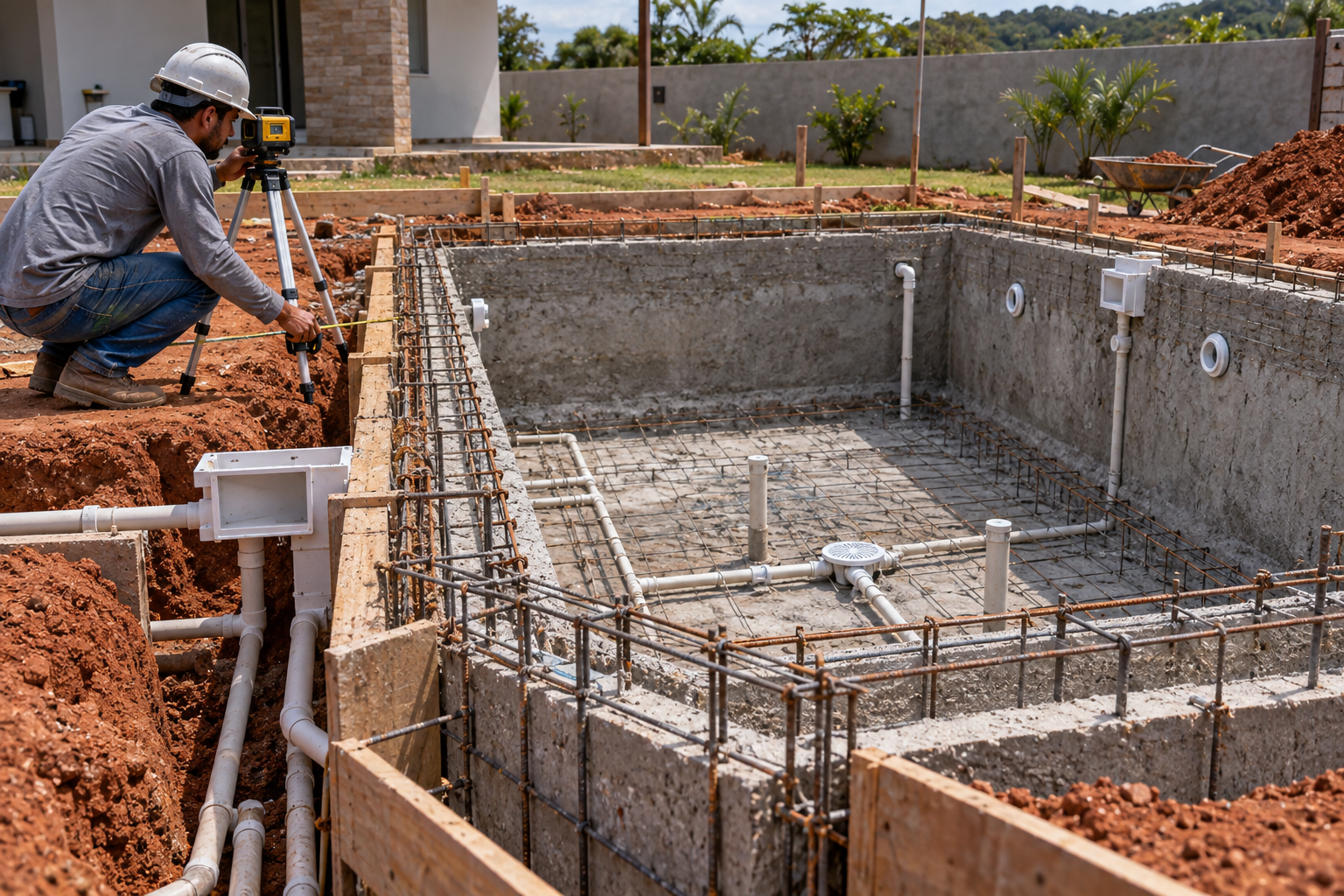 Técnico usando equipamento de medição em obra de piscina com ferragens, formas e tubulações de PVC