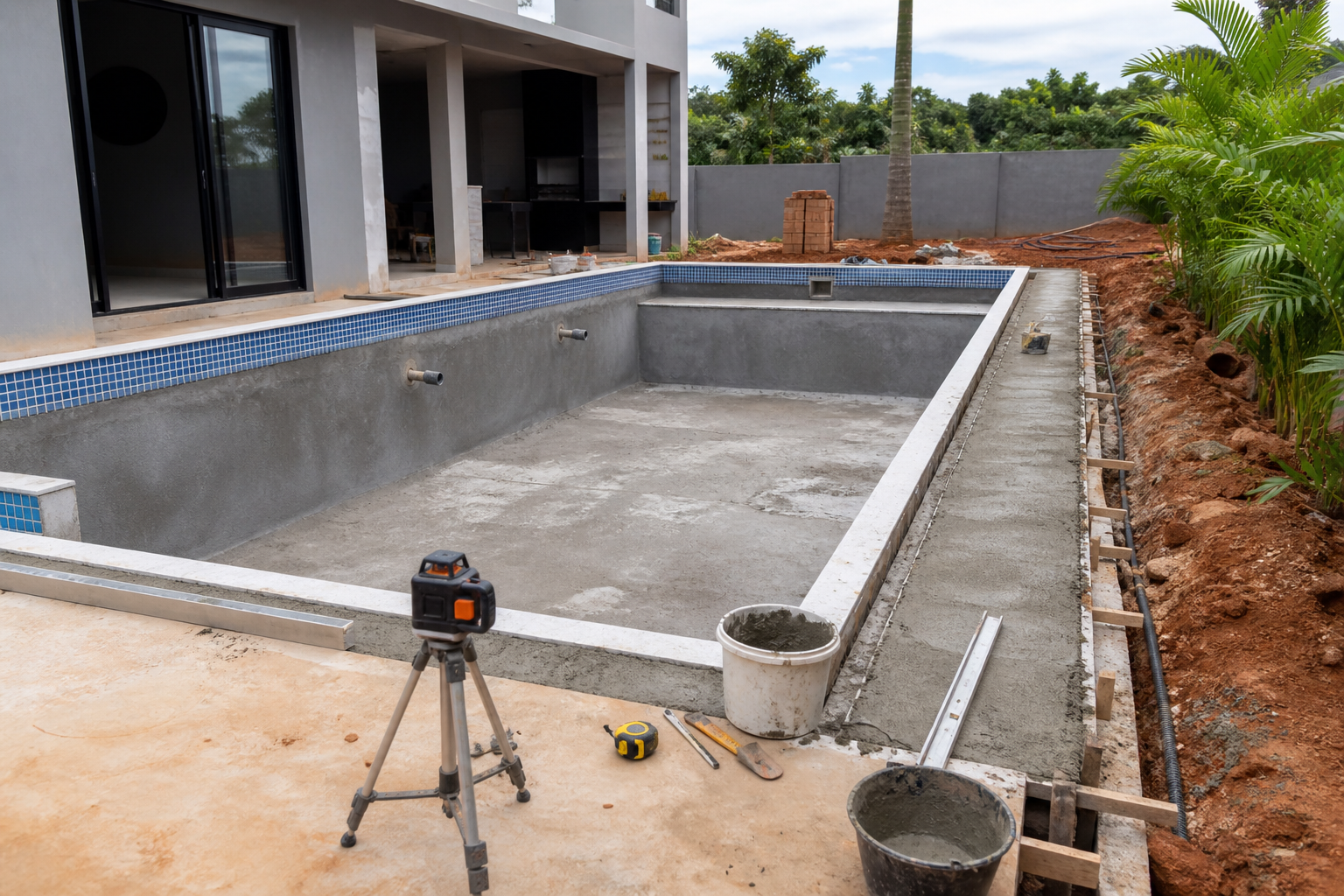 Piscina residencial em construção no Setor Conde dos Arcos, Aparecida de Goiânia, com estrutura, medição e preparação do acabamento