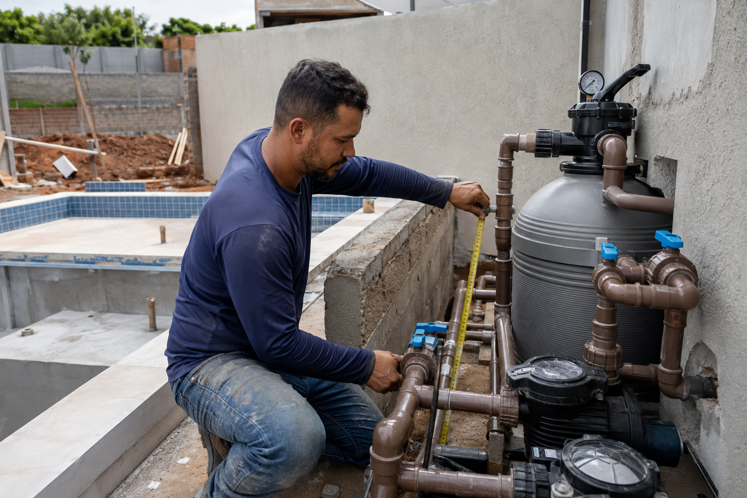 Técnico conferindo bomba, filtro, registros e tubulação da casa de máquinas de uma piscina em Aparecida de Goiânia
