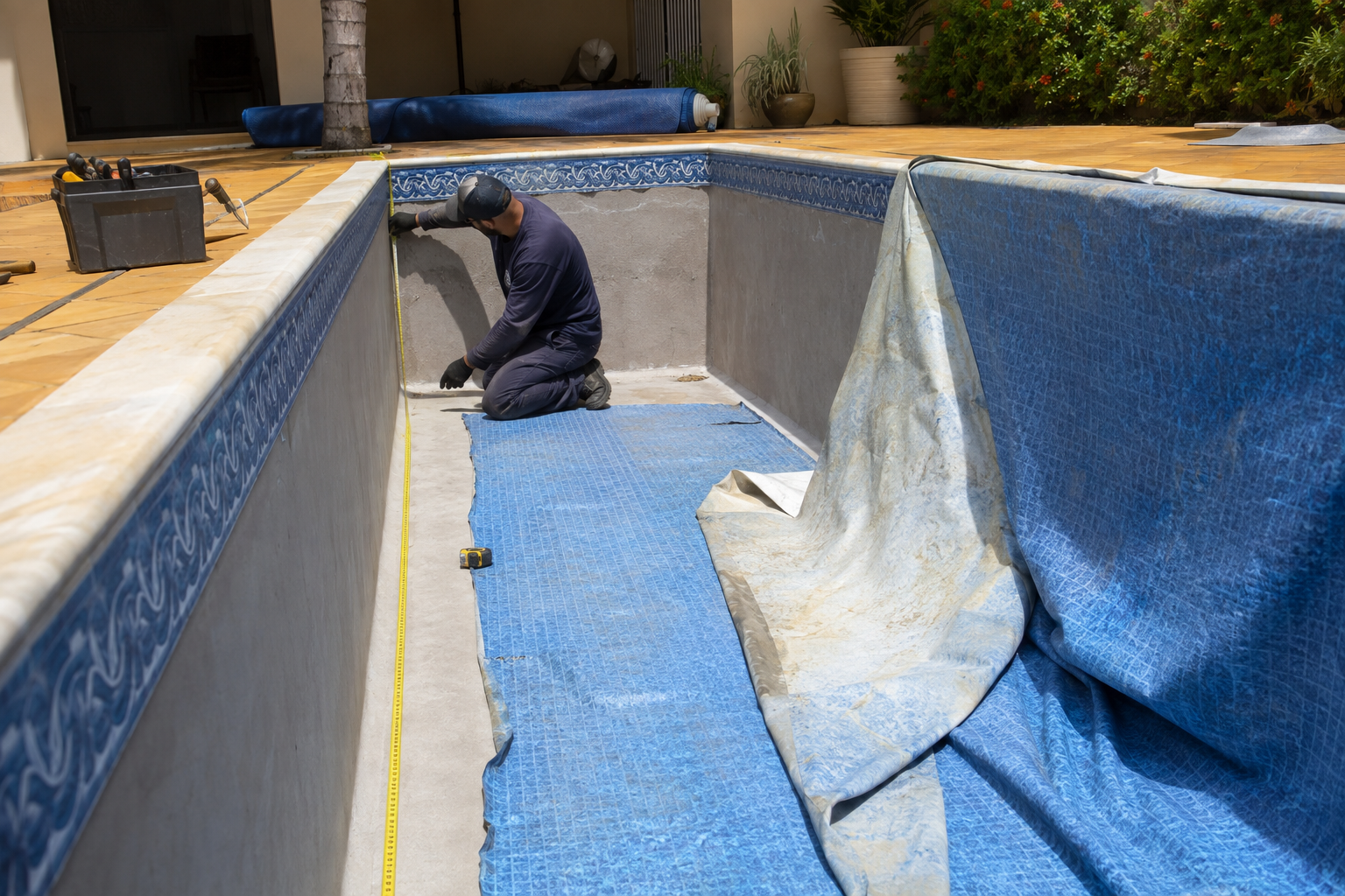 Imagem de piscina com revestimento de vinil em avaliação técnica para troca no Jardim Cerrado, em Goiânia