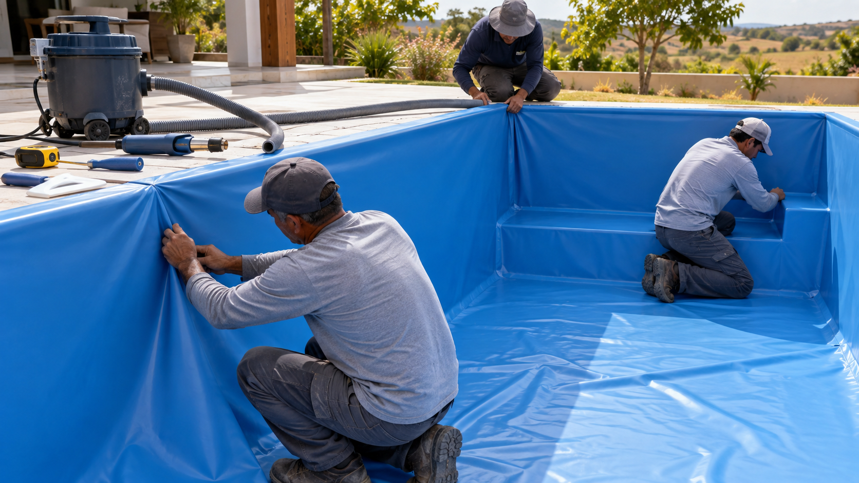 Equipe instalando novo revestimento de vinil em piscina em Itaguari