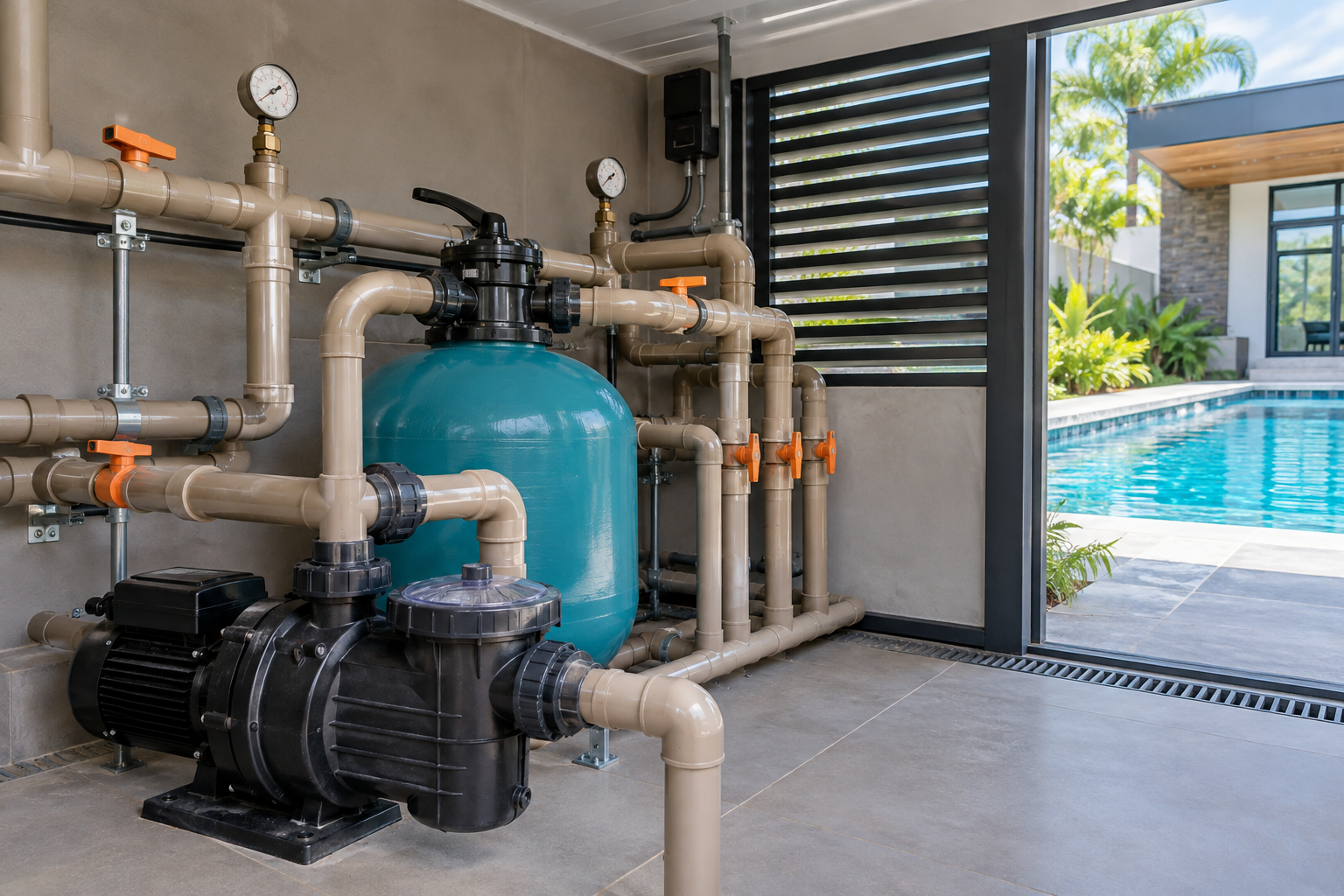 Filtro, bomba e tubulações organizadas em casa de máquinas de piscina no Setor Marista Sul, Goiânia