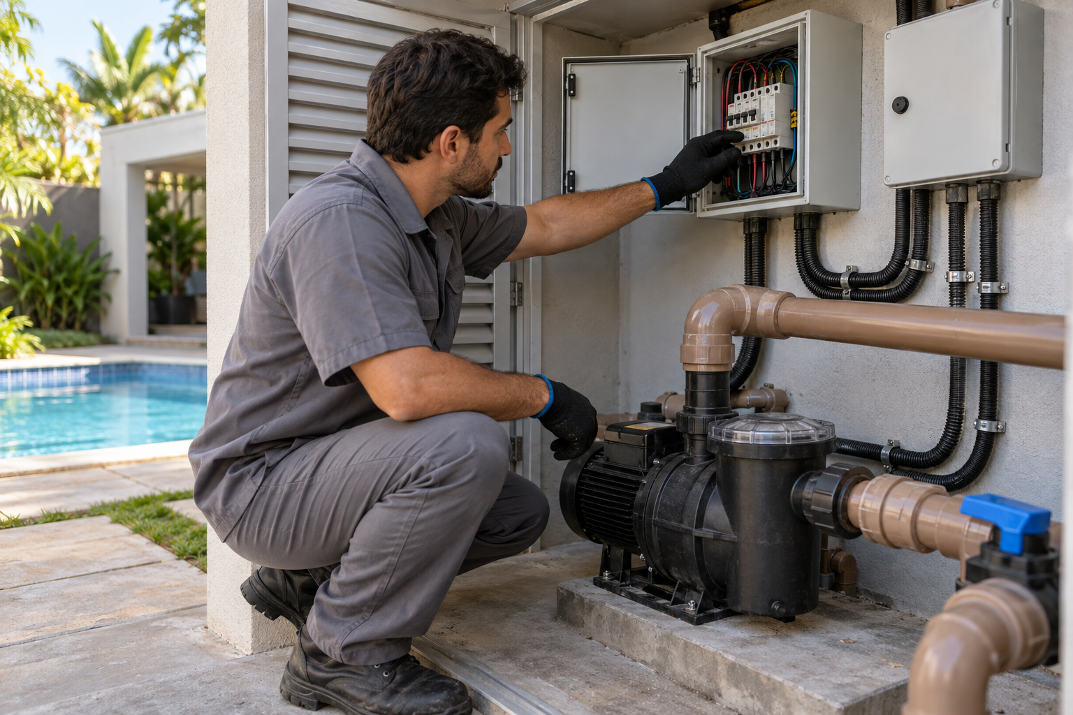 Técnico verificando o quadro elétrico protegido e a motobomba em uma casa de máquinas de piscina em Goiânia.