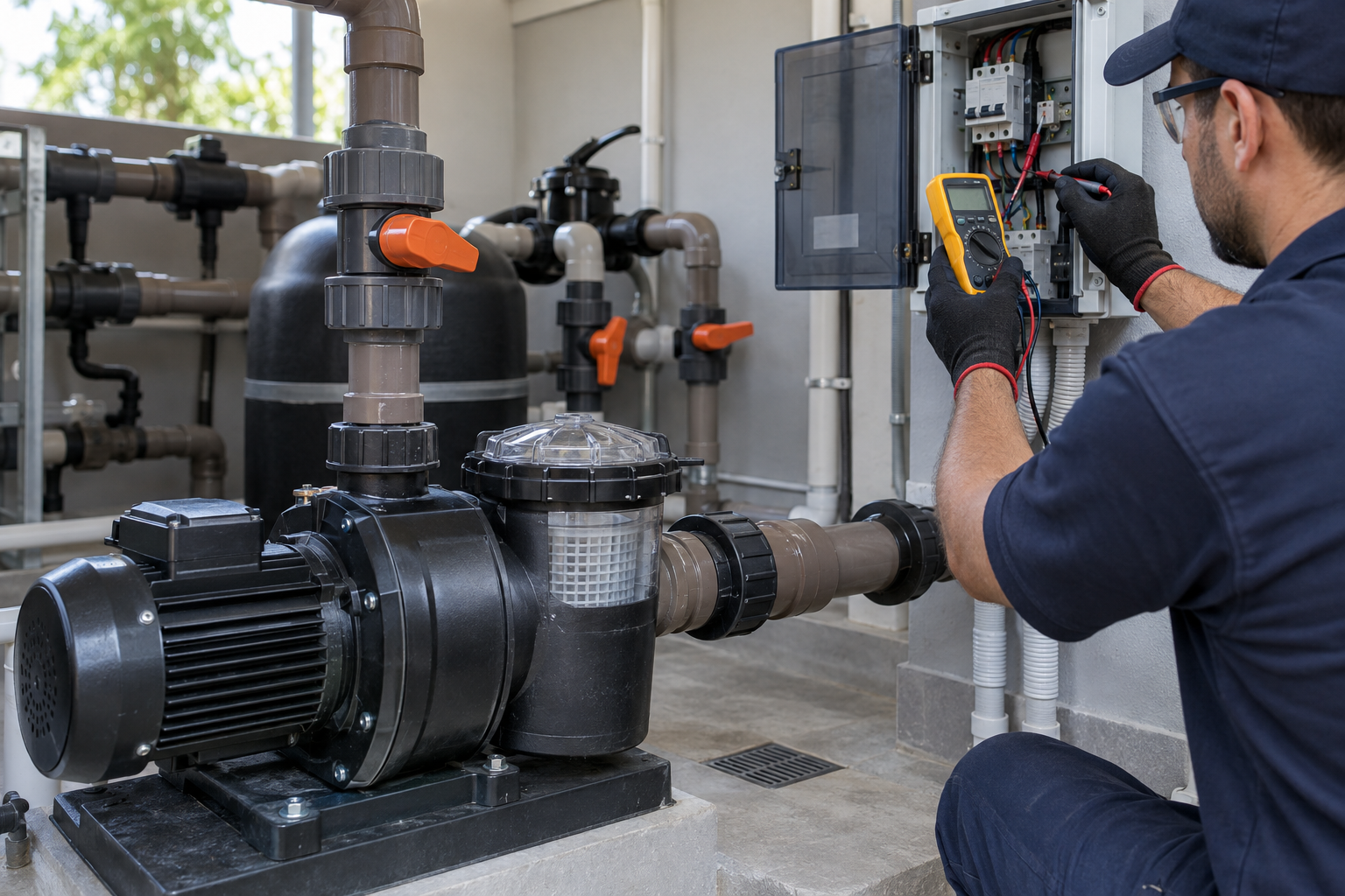 Técnico usando multímetro para diagnosticar uma motobomba e o pré-filtro de piscina em Goiânia.