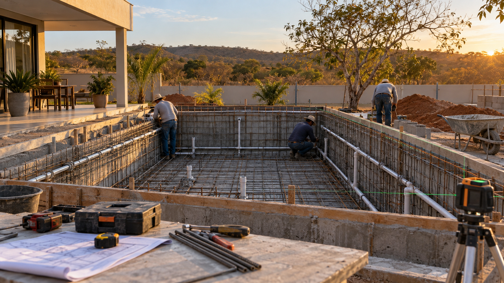Obra de construção de piscina de alvenaria com armação e tubulação hidráulica em Santa Rita do Araguaia