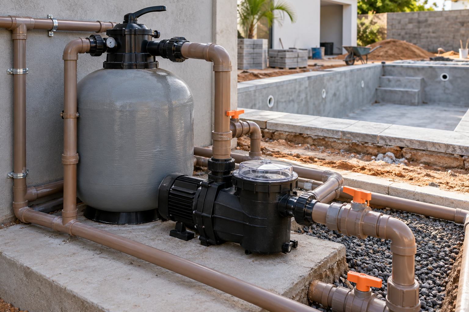 Casa de máquinas com filtro, bomba e tubulações instalada junto a piscina em construção