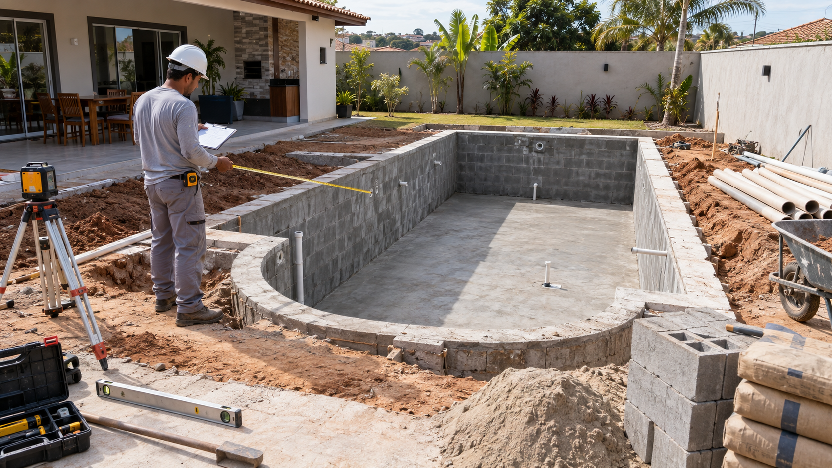 obra de construção de piscina com profissional medindo a estrutura em Goiânia