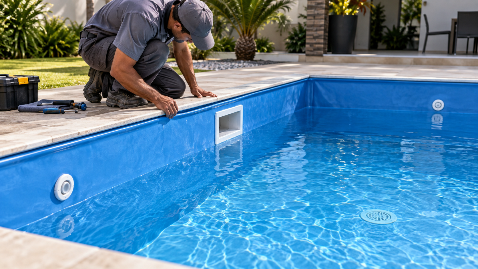 Profissional ajustando novo revestimento de vinil no canto de uma piscina residencial