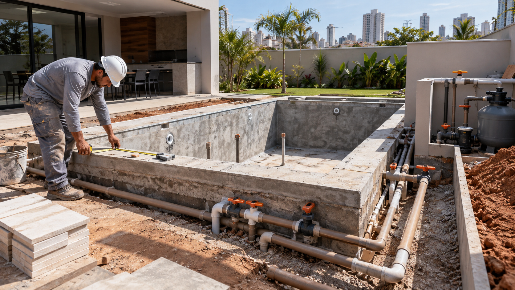 Obra residencial de piscina em construção com tubulações hidráulicas no Cidade Jardim, Goiânia