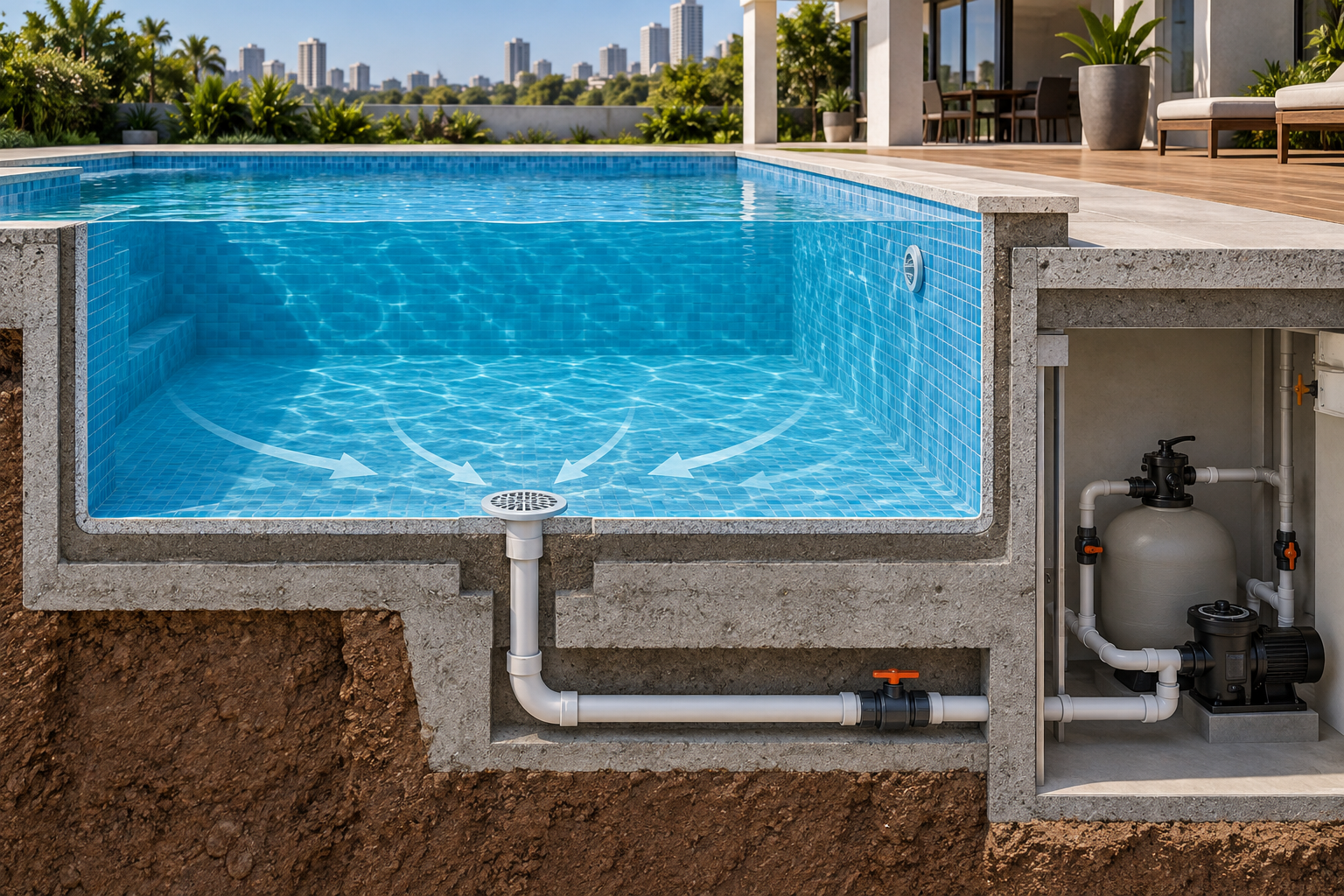 Ralo de fundo de piscina em corte, com tubulação e fluxo até bomba e filtro.