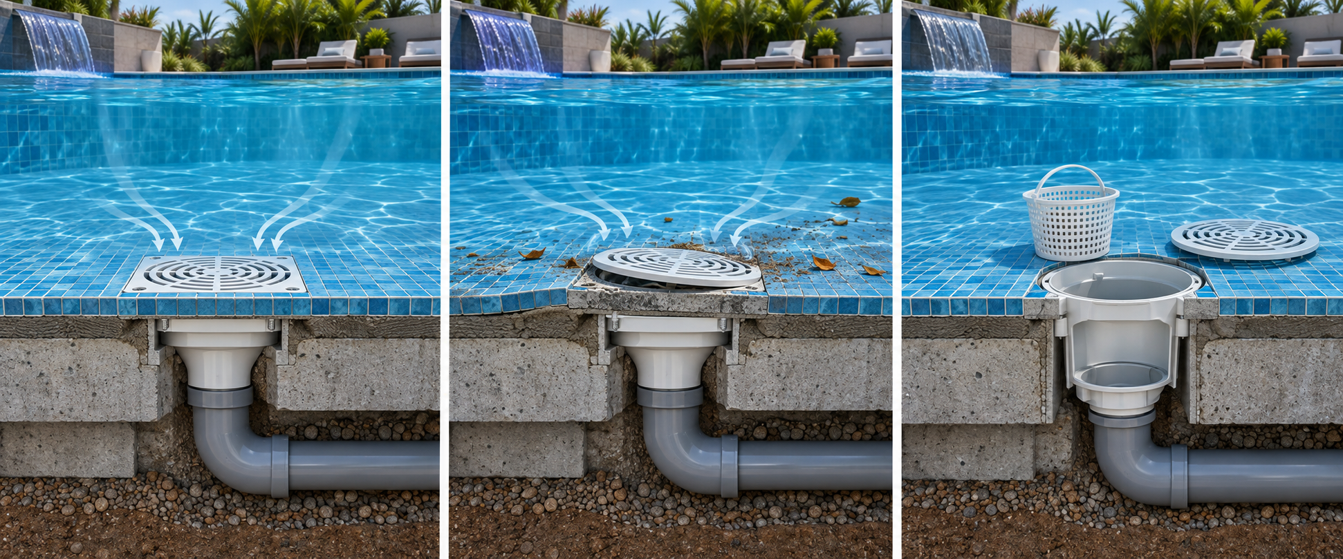 Ilustração comparativa de cuidados na instalação do ralo de fundo da piscina