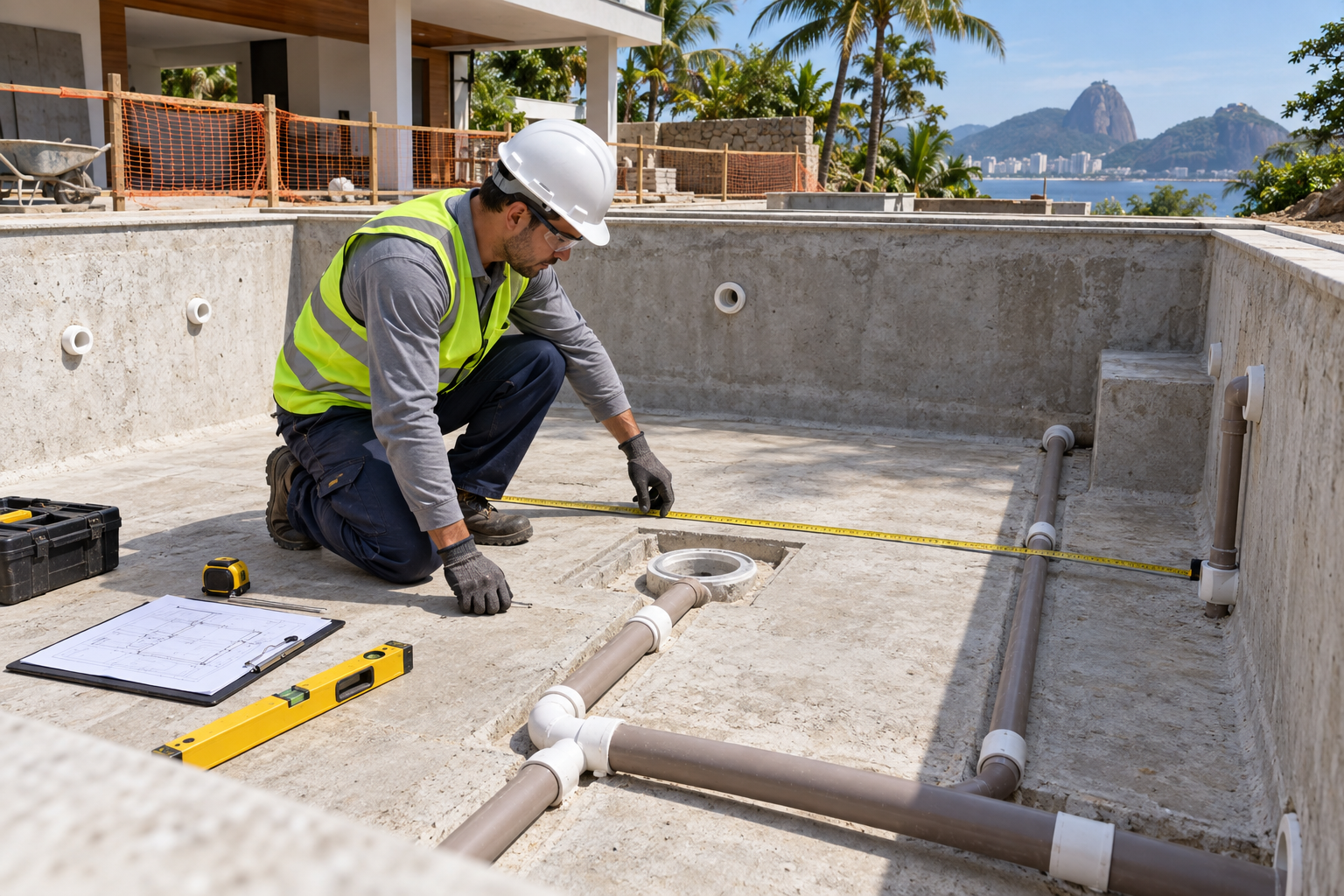 Técnico usando trena e nível para conferir o ralo de fundo e as tubulações em uma piscina em construção