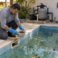 Piscina residencial que ficou parada, com folhas na superfície e técnico conferindo o cesto do skimmer antes da reativação em Goiânia.