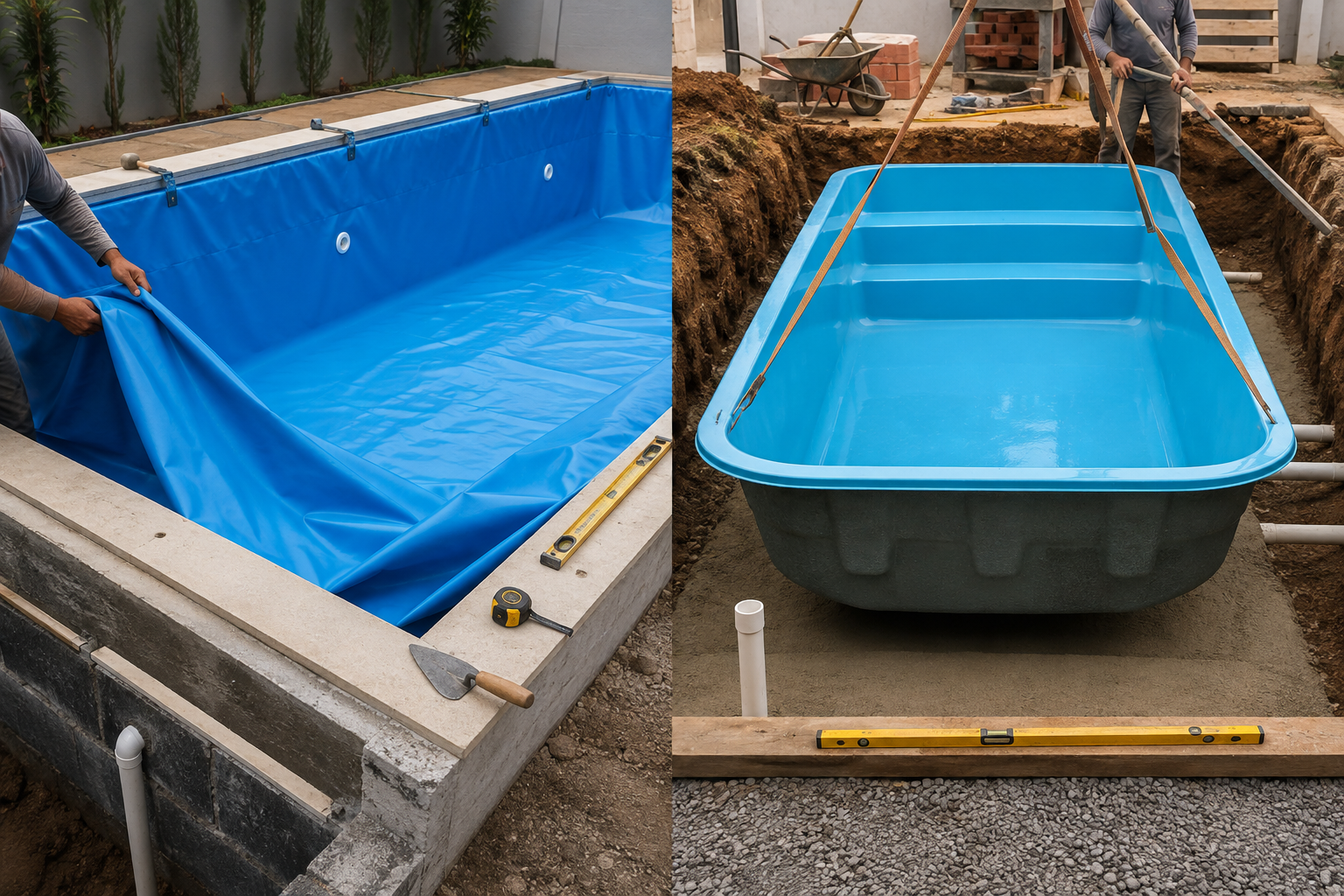 Piscina de vinil e piscina de fibra em comparação durante a obra: liner sendo instalado e casco pré-fabricado sendo assentado