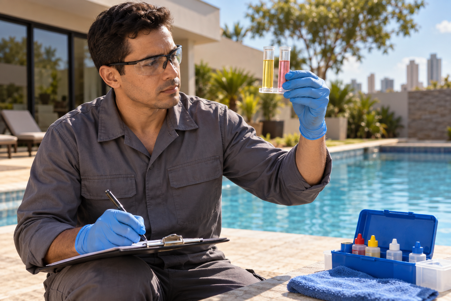 Profissional usando kit de teste para medir a água da piscina com segurança
