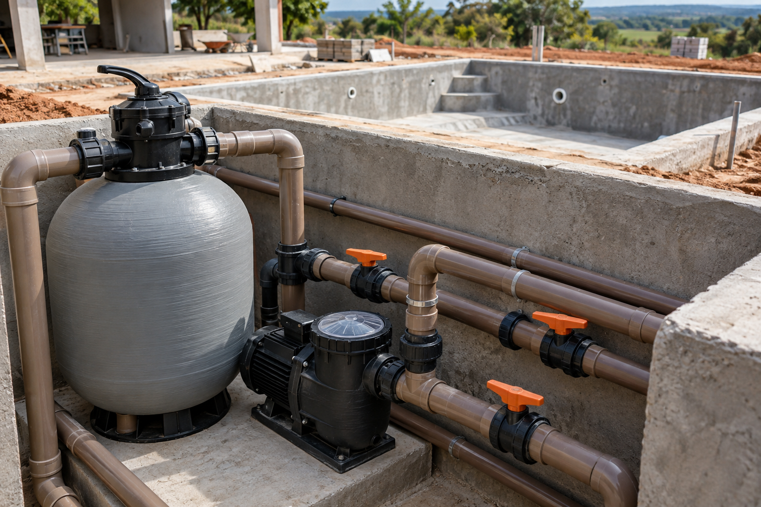 Piscina em construção com tubulações de retorno, ralo, borda de concreto e trena de medição