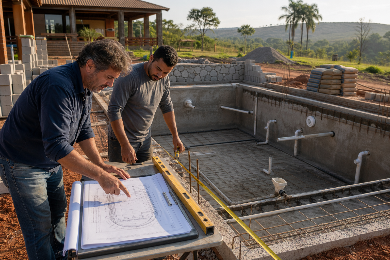 Profissionais conferindo projeto, nível, medidas e hidráulica de uma piscina em construção em Araguapaz