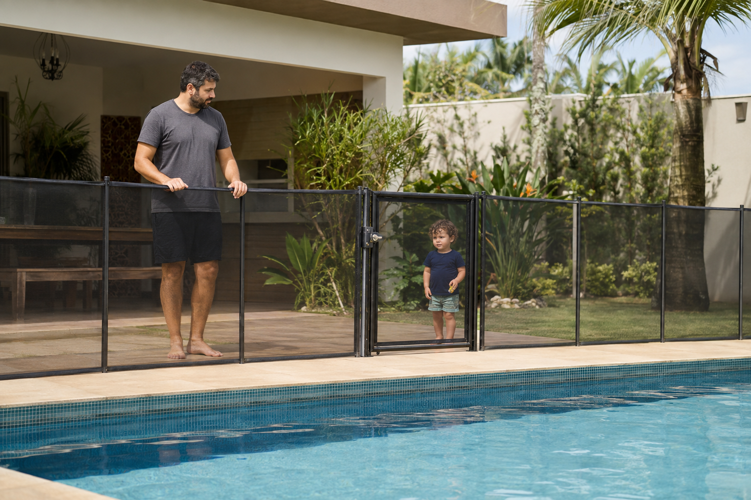 Adulto supervisionando criança do lado externo de uma barreira física com portão junto à piscina.