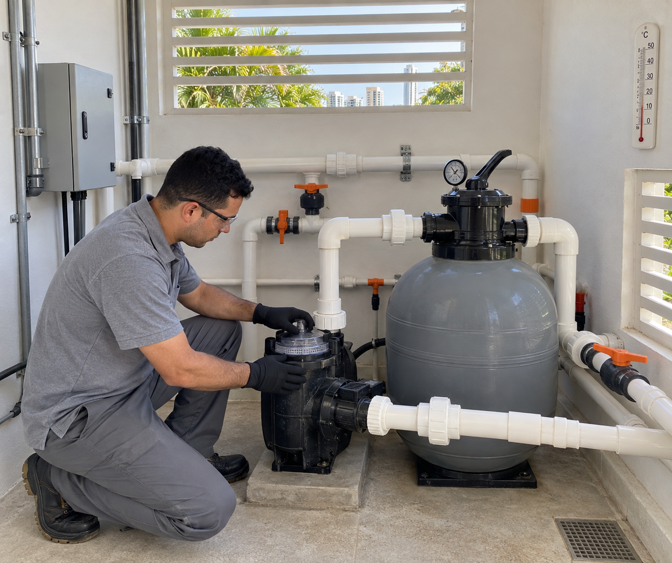 Tecnico inspecionando bomba e filtro de piscina