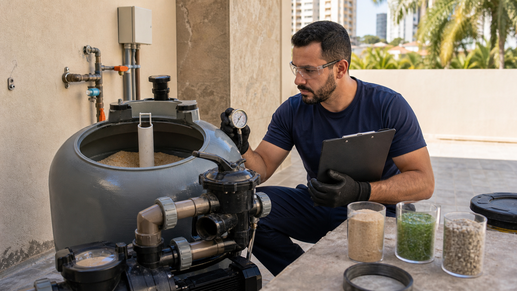Técnico inspecionando o meio filtrante, o manômetro e a válvula do filtro de piscina em Goiânia.