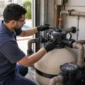 Técnico conferindo válvula e manômetro de filtro de piscina