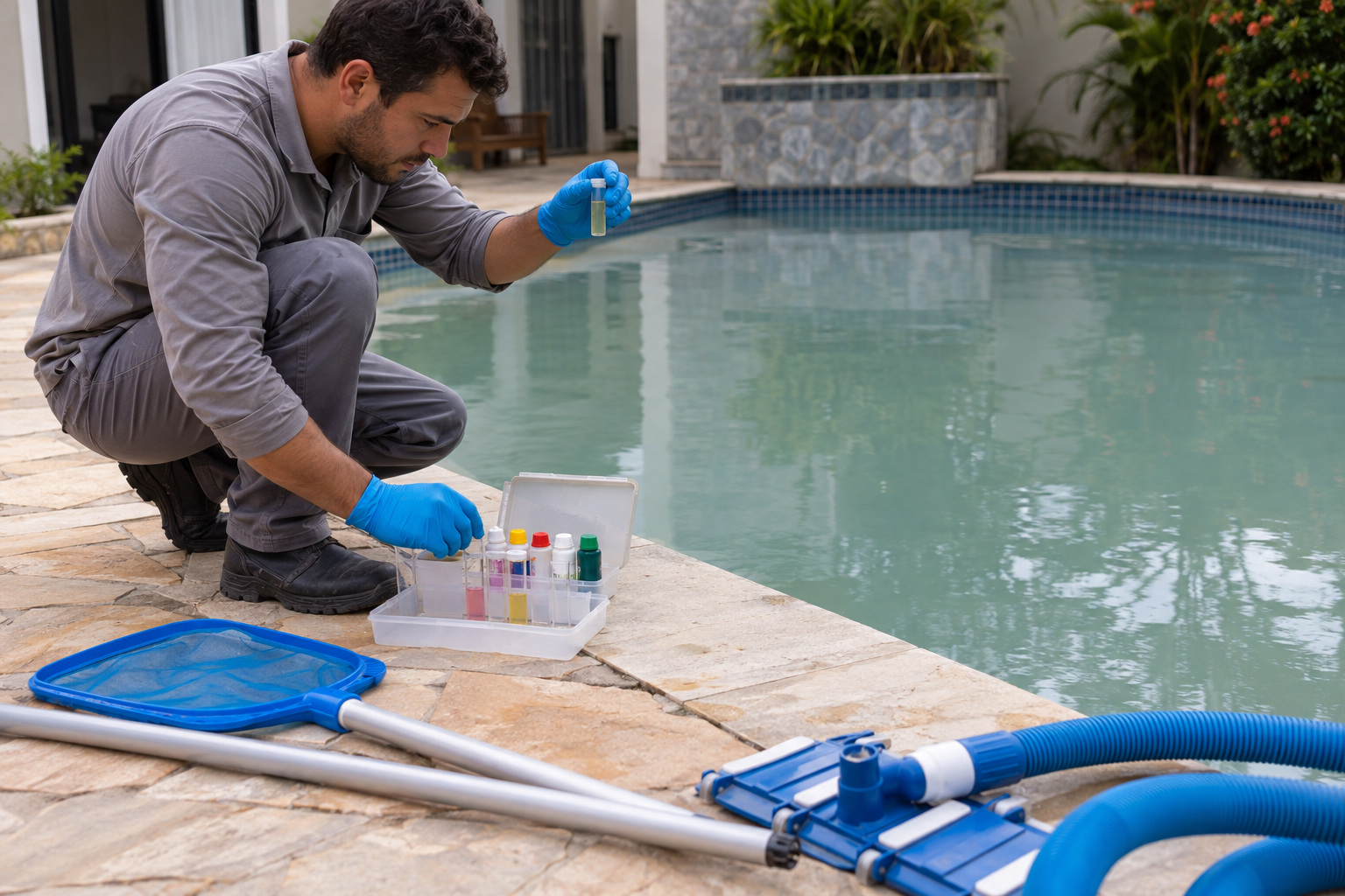 Teste da água de uma piscina parada com kit de análise, tubos de amostra, peneira e aspirador manual antes do tratamento em Goiânia.