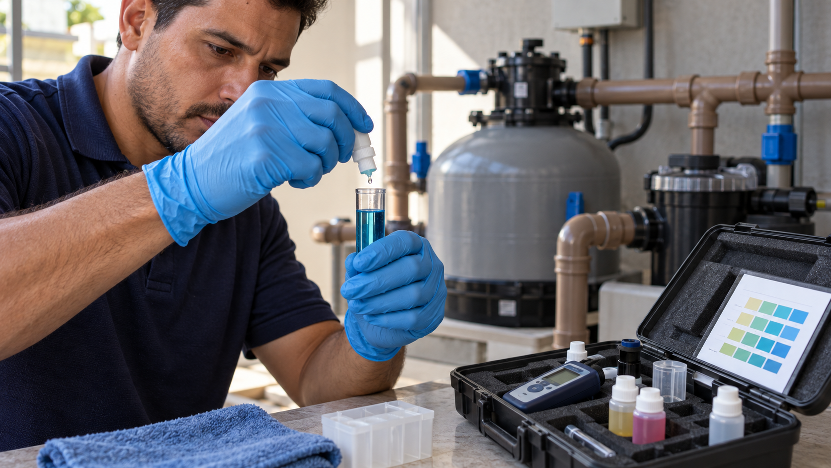 Técnico realizando teste químico da água da piscina para avaliar a alcalinidade