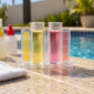 Kit comparador com tubos de teste para analisar a água da piscina ao lado da borda